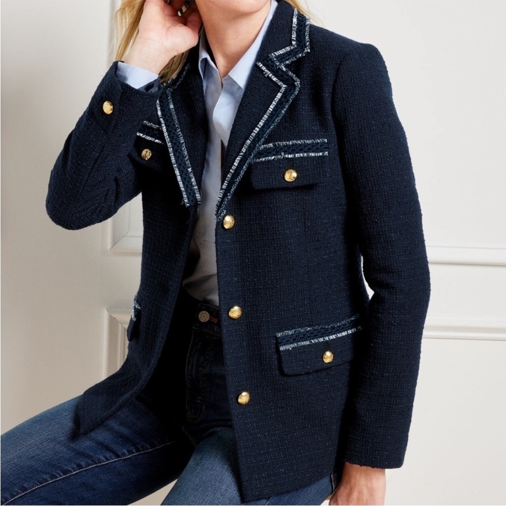 Nwt Talbots Contrast Trim Tweed Blazer Jacket Navy